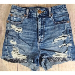 American Eagle Cut Off Denim Jean Booty Shorts Women's 2 Blue Stretch Distressed